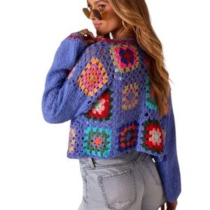 Vici Womens Blue Multi Farlyn Open Front Crochet Cardigan One Size NWT